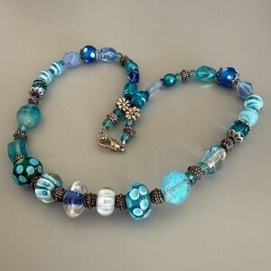 Aqua Teal Blue Artisan Glass Bead Necklace 18" Silver Tone Spacers Swirls Dots